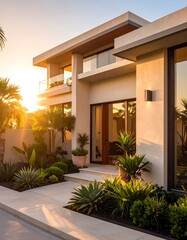 Luxurious modern house exterior with bright sunlight