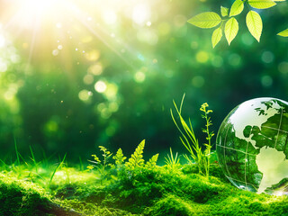 Glass Globe on Moss in Sunlit Forest / 森の中の苔の上に置かれたガラス地球