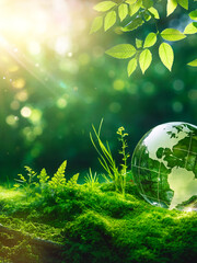 Glass Globe on Moss in Sunlit Forest / 森の中の苔の上に置かれたガラス地球