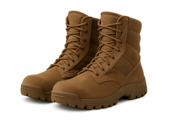 Pair of brown combat boots with transparent background