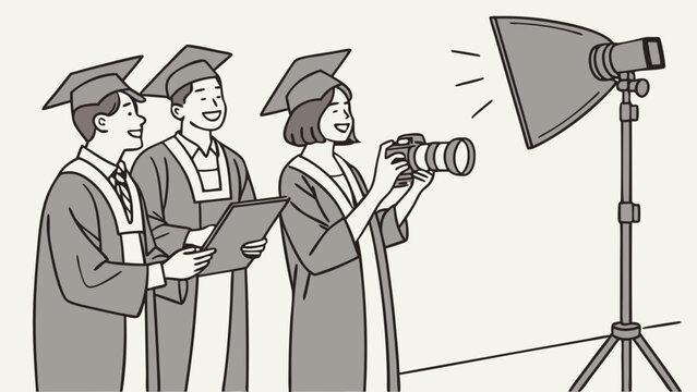 Graduation photoshoot students in caps and gowns photographer with camera studio lighting education achievement success celebration portrait photography diploma commencement ceremony.