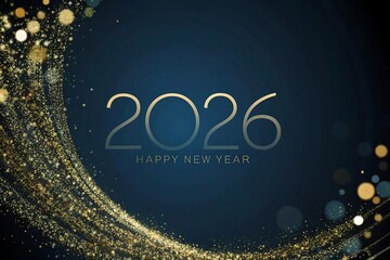 Elegant golden glitter swirl and bubbles with 2026 happy new year text on dark blue background