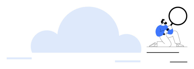 Man kneeling with magnifying glass inspecting blue cloud, emphasizing data analysis, cloud computing, discovery, and digital solutions. Ideal for innovation, technology, research, investigation