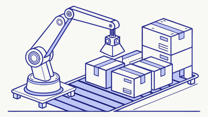 Fototapeta premium Industrial robotic arm lifting boxes on conveyor belt automated warehouse logistics manufacturing process illustration.
