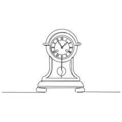 Antique clock in vintage style, classic mantel clock illustration with roman numerals, elegant minimal line art drawing