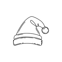 Santa Claus hat drawing, fluffy traditional Christmas hat with pompom and fur trim in minimal black line art