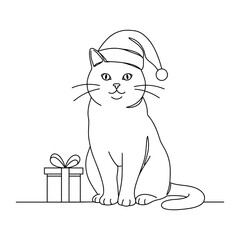 Cat in Santa Claus hat with gift, festive Christmas illustration in minimal black line art, cheerful holiday mood and friendly pet