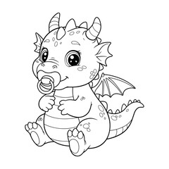 Cute baby dragon with pacifier, illustration in minimal black line art, fantasy character with big eyes, wings and horns sitting