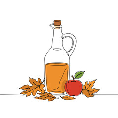Apple cider jug and autumn leaves, glass bottle with apple, cozy fall illustration in minimal black line art for seasonal mood