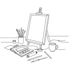 Art supplies on desk, easel canvas with sketchbook, brushes, paints and cup, creative illustration in minimal black line