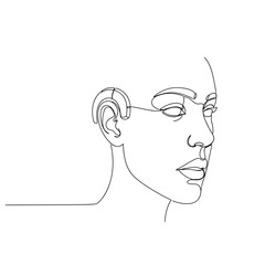 Face with hearing aid minimal line art, simple black illustration showing ear and assistive device for accessibility and medical concept