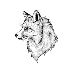 Fox head realistic portrait in black line art, wild animal with bushy fur and alert eyes, handdrawn style