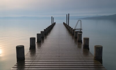 Obraz premium Wooden pier extends into still water, with posts, ladder, and mountains in background