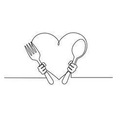 Heart with fork and spoon illustration, minimal line art of fork and spoon forming a heart for food and love concept