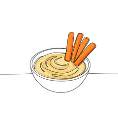 Hummus with carrot sticks in bowl, healthy snack food illustration in simple black line and minimal color