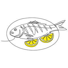 Grilled fish with lemon slices, whole cooked fish served on plate with yellow lemon wedges in minimal line art and color