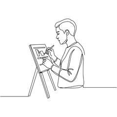 Person using speech board, minimal black line art of man standing at easel with communication board