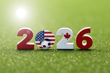2026 soccer world cup year celebration with american and canadian flags on green grass field