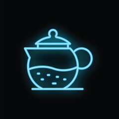 Blue neon sign of a teapot with hot drink, isolated vector illustration