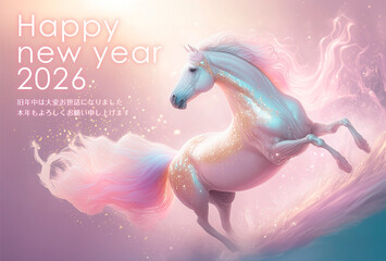 年賀状　馬年　幻想的な馬　ピンク パステルカラー