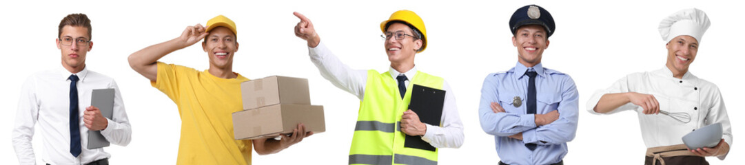 Choice of profession. Same man representing different occupations. Collage of portraits on white background