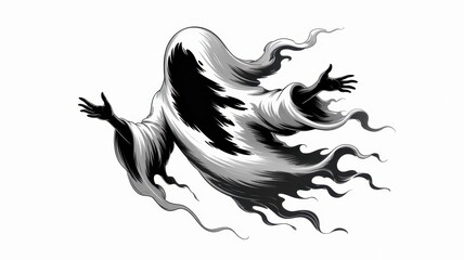 Spectral Being: A ghostly entity materializes, draped in flowing fabric, with outstretched arms that evokes a sense of the unknown and the supernatural.