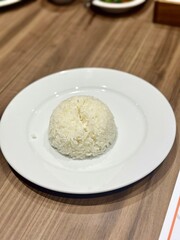 Steamed white rice neatly molded and served on a clean white plate — a staple food in Indonesian and Asian cuisine, often paired with various side dishes. October 2, 2025 - Jakarta, Indonesia