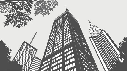 Fototapeta premium Low Angle View of Modern Skyscrapers with Trees Urban Architecture Cityscape Illustration.
