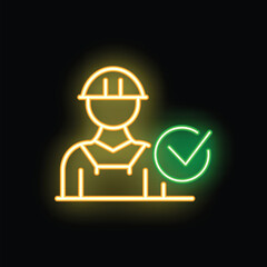 Glowing neon icon of a construction worker with a check mark, symbolizing a job well done