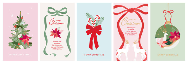 Merry Christmas greeting card Set. Modern beautiful Xmas design with hand drawn Christmas tree, Poinsettia flower, holly berry, candy cane, deer and bows, ribbon. Art banner, poster, cover template.
