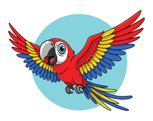 Vibrant cartoon scarlet macaw parrot with colorful wings flying happily.