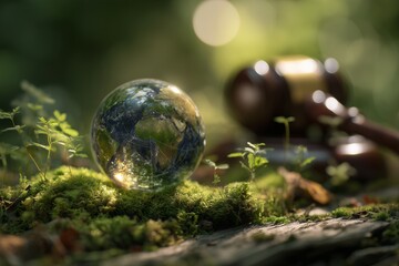 Crystal globe resting on moss and forest floor with a blurred gavel in the background. Concept for environmental law, climate change advocacy and sustainability initiatives