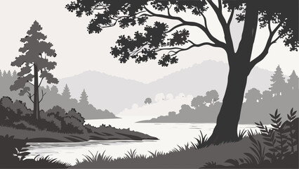 Serene grayscale landscape illustration of a river trees and mountains in a tranquil nature scene.