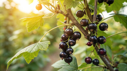 Black Currant on tree in garden, Black Currants on tree in natural warm sunlight background
