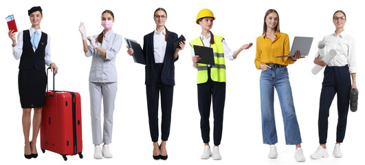 Obraz premium Choice of profession. Same woman representing different occupations. Collage of portraits on white background