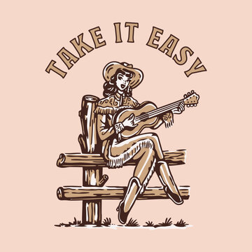 Vintage Vector Illustration of Cowgirl Woman Playing Guitar in Retro Western Style for Music Poster, Country Festival, Rodeo Event, T-Shirt Design, and Americana Artwork