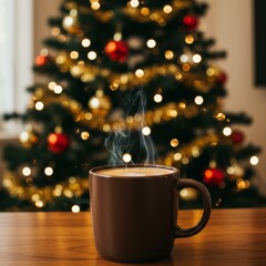 Cozy steaming coffee mug on wooden table with warm bokeh Christmas tree lights creating a festive holiday atmosphere and inviting feeling.