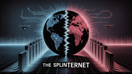 The Splinternet: The image captures a conceptual illustration of the splinternet, with a divided globe symbolizing the fragmented digital landscape.