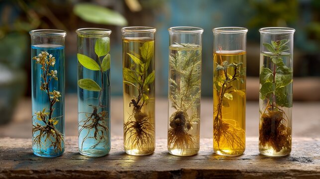Botanical samples in test tubes with varied colored water on a weathered wood surface, concept for alternative medicine research, plant-based cosmetics development and agriculture experiments - Powered by Adobe