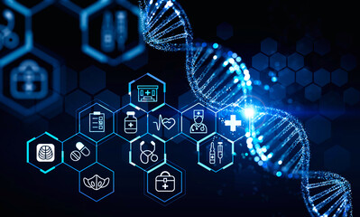 Glowing DNA strand with digital medical icons in hexagons, futuristic graphic style on dark gradient background, concept of digital healthcare innovation. 3D Rendering