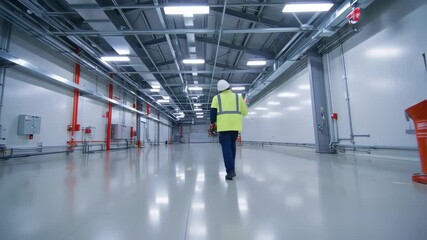 Industrial interior, a worker walks through a large, bright warehouse - Powered by Adobe