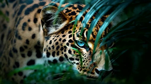 Leopard Face Blue Eyes Jungle Foliage Wild Cat Predator Nature Stare Fur Pattern Wildlife Close Scene