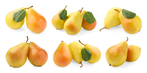 Fresh juicy yellow pears isolated on white, set