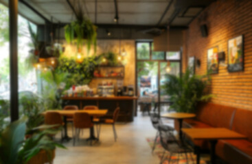 Fototapeta premium a modern cafe or coffee bar interior. The soft, blurred background emphasizes the cozy atmosphere. cafe interior blurred background plant coffee bar. Vegan cafe