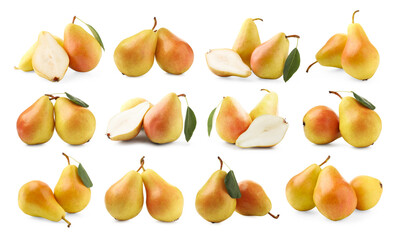 Fresh juicy yellow pears isolated on white, set