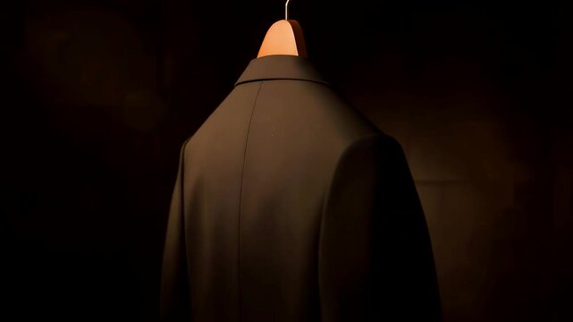 Black Suit Jacket Hanger Dark Background Formal Wear Elegant Fashion Garment Closet Luxury Attire Scene