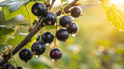 Black Currant on tree with water drop in garden, Black Currants hanging on tree in natural background