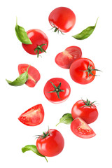 Fresh tomatoes and basil leaves flying on white background