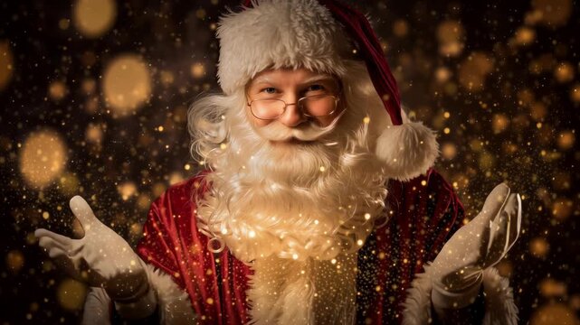 Magical Santa blowing golden sparkles on black background