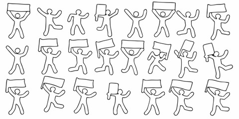 A collection of simple line drawing figures holding blank signs and flags in various dynamic poses